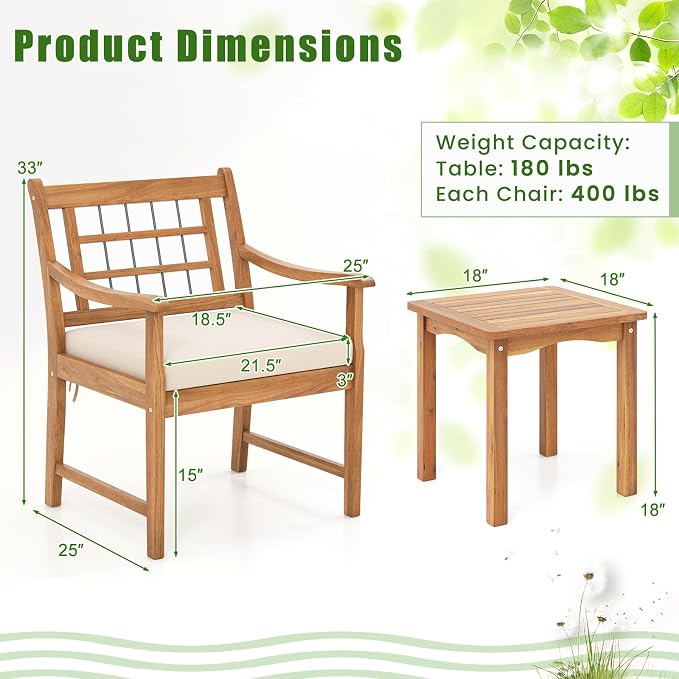 HAPPYGRILL 3 Piece Acacia Wood Patio Conversation Set, Outdoor Bistro Set with Cushions, Solid Wood Frame, 2 Armchairs & Coffee Table Set for Backyard, Porch, Poolside (Off White)