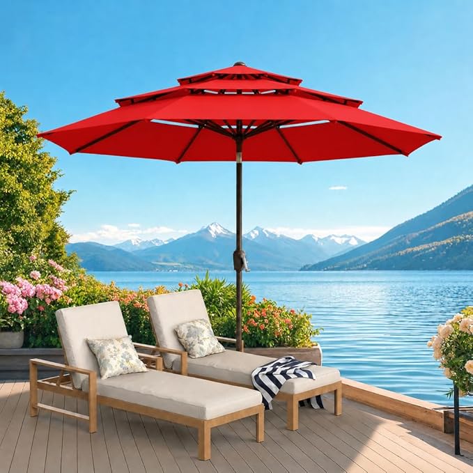 ONBRILL 9 FT Outdoor Patio Umbrella, 3 Tier Market Table Umbrella with 8 Sturdy Fiberglass Ribs and 1.5’’ Pole, Smooth Button Tilt Patio Umbrella for Backyard Pool Garden, Red(No Base)
