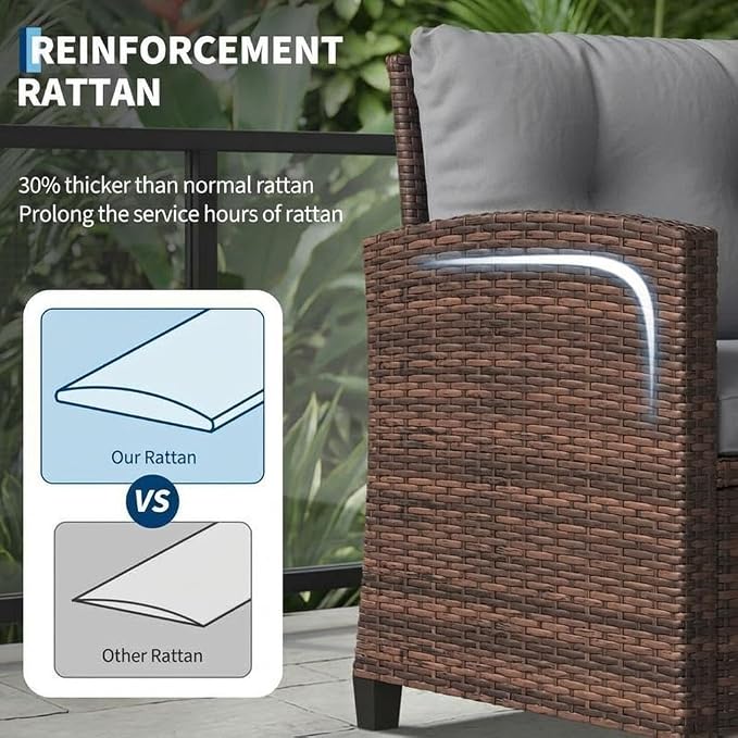 Garvee 3 Piece PE Rattan Patio Furniture Set, Outdoor Chairs and Table Set with Tempered Glass Tabletop and Cushions, Patio Conversation Set for Patio, Balcony, Poolside, Brown and Grey