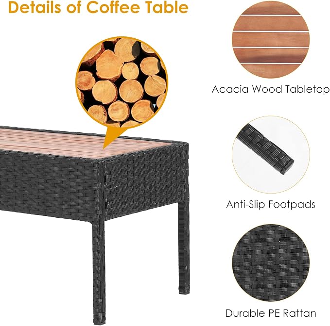 Tangkula 8 Piece Patio Rattan Conversation Set, Outdoor Wicker Sofa Furniture with Loveseat & 2 Single Chairs, Acacia Wood Tabletop, Outside Sectional for Poolside, Deck, Garden (2, Black)
