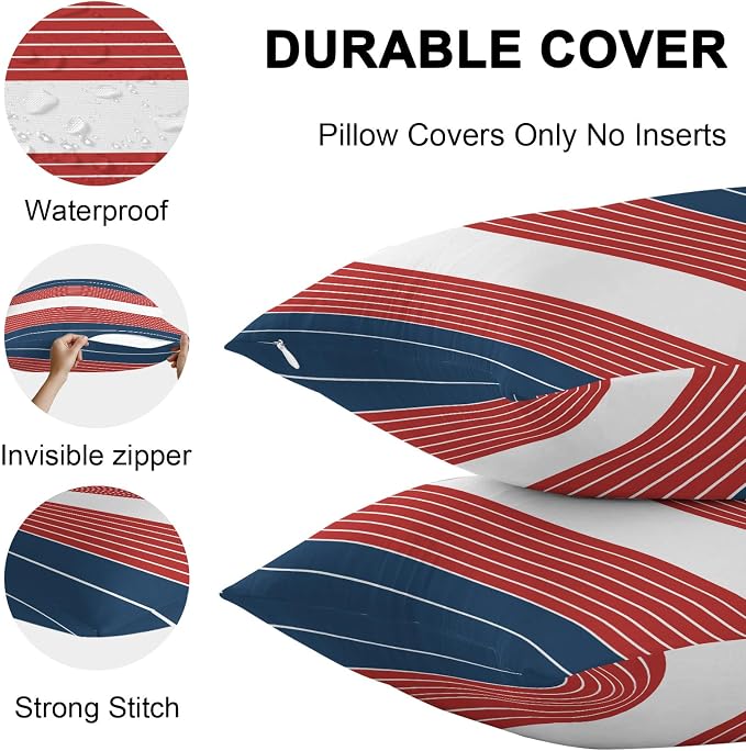 Navy Blue Red Stripe Outdoor Pillow Covers Waterproof, All Weather Cushion Case Set of 2, Modern Art Horizontal Striped Lumbar Pillowcase for Sofa Couch Bed Decor Patio Furniture 20"x12"