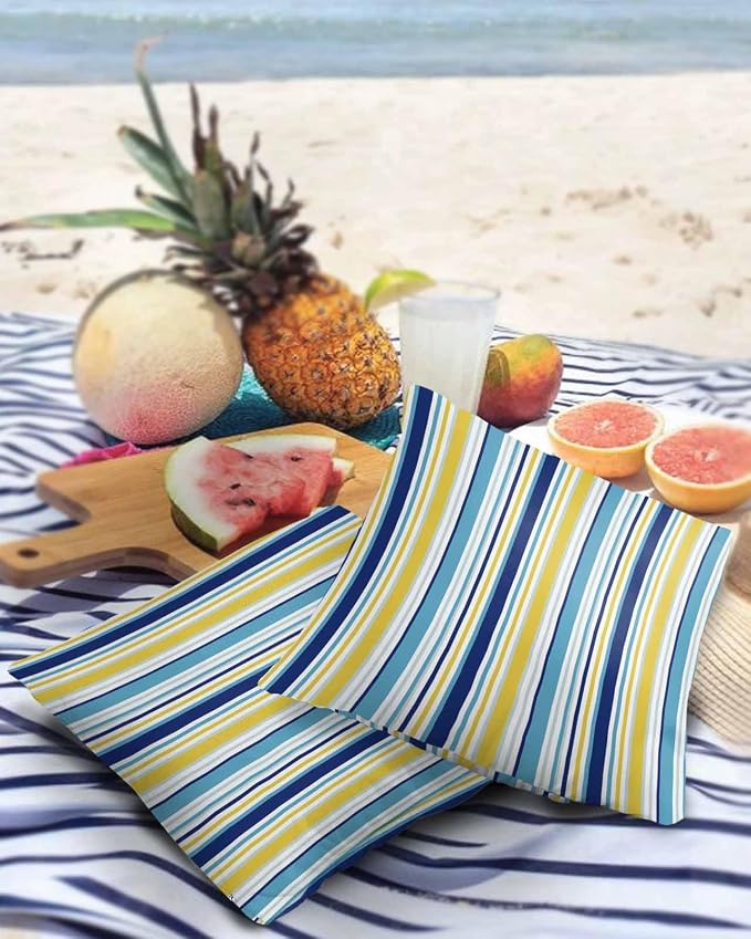 Blue Yellow Striped Outdoor Waterproof Pillow Covers, Farmhouse Navy Blue Ombre Stripes Decorative Square Throw Pillowcase Sofa Cushion Sham for Patio/Couch/Chair, 26"x26" 2 Pack