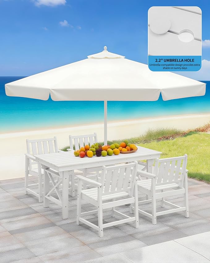 Outdoor Patio Dining Table Set, 5-Piece Outdoor HDPE Dining Furniture Sets with Umbrella Hole Table and 4 Chairs for Backyard, Garden, Lawn, Poolside, White