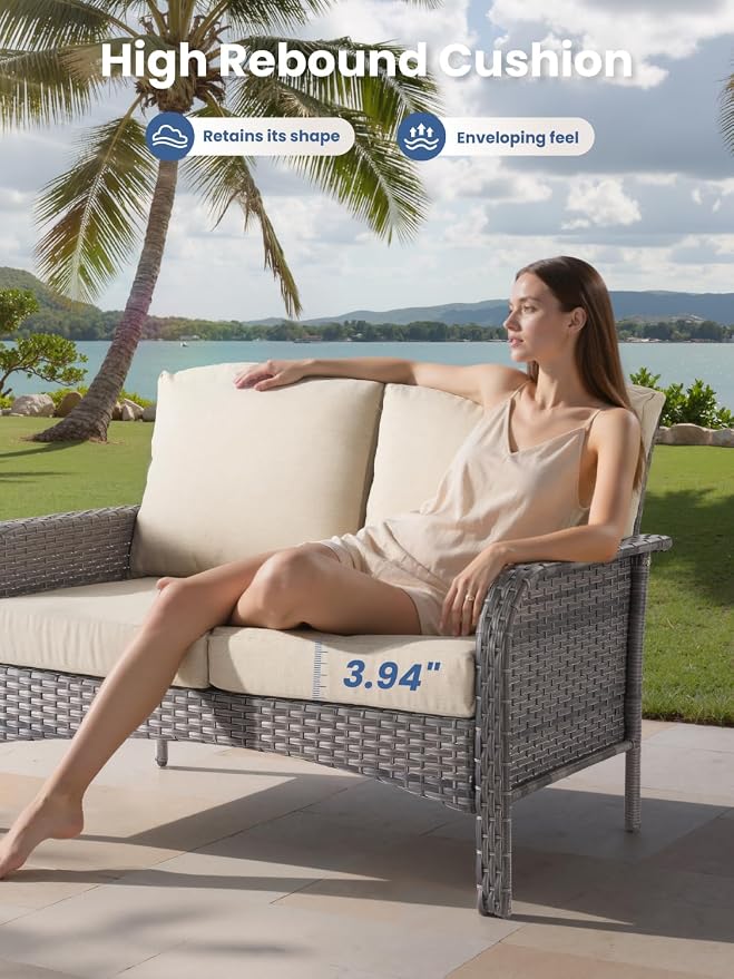 7-Piece Outdoor Patio Furniture Set with Swivel Chairs, Outdoor Conversation Wicker Sofa with Coffee Table, Rattan Couch for Deck Yard Poolside, Beige