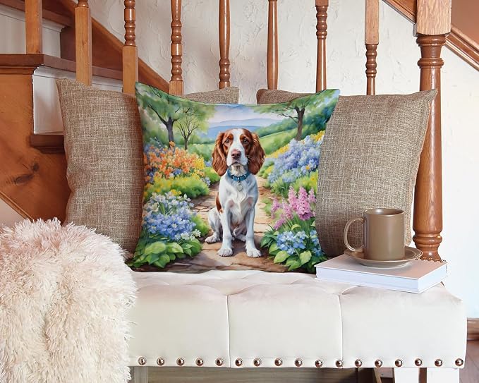 Caroline's Treasures Welsh Springer Spaniel Spring Path Throw Pillow Machine Washable, Indoor Outdoor Decorative Pillow for Couch, Bed or Patio, 14Hx14W