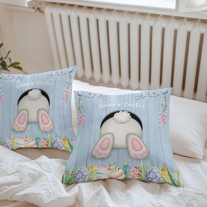 Vandarllin Outdoor Throw Pillows Covers 18X18 Set of 2 Waterproof Bunny Butt Easter Eggs Decorative Zippered Lumbar Cushion Covers for Patio Furniture, Spring Flower Wood Grain