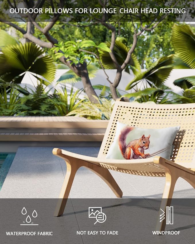 Outdoor Pillows Covers with Inserts Cute Squirrel Holding Rope Wild Life Waterproof Recliner Pillow with Adjustable Strap Throw Pillows for Patio Furniture Pool Lounge Chair, 11x16 inch, 1PCS