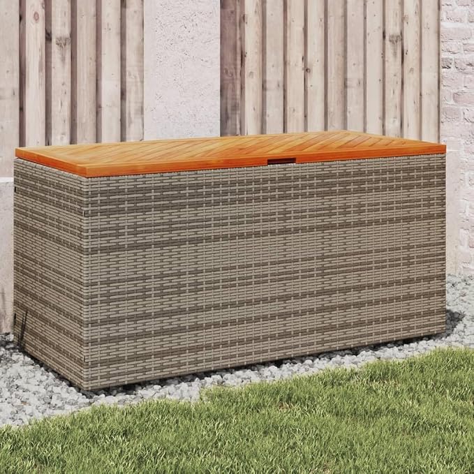 Gecheer Patio Rattan Deck Box Patio Storage Box Gray 43.3"x19.7"x21.3" Poly Rattan Acacia Wood