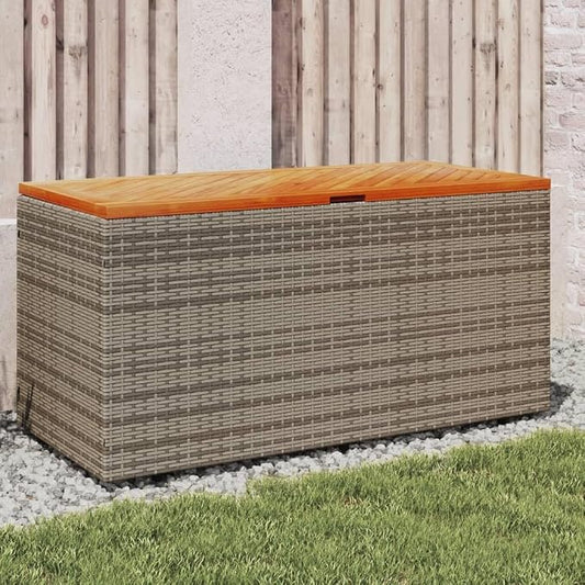 Gecheer Patio Rattan Deck Box Patio Storage Box Gray 43.3"x19.7"x21.3" Poly Rattan Acacia Wood