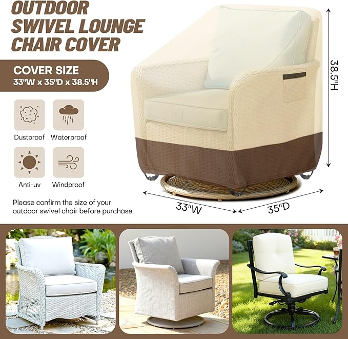 Outdoor Swivel Lounge Chair Cover, Waterproof Heavy Duty Patio Chair Cover, (33" W x 35" D x 38.5" H) Patio Garden Porch Furniture Cover for Swivel Chair - 2 Pack