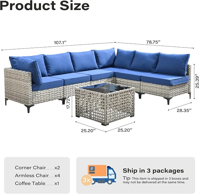 7 Pieces Patio Furniture Set with Solar Light Coffee Table, All-Weather Rattan Outdoor Sectional Conversation Sets L Shaped Sofas with Thick Cushions for Porch Balcony Backyard Navy Blue