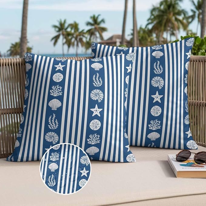 Striped Outdoor Waterproof Throw Pillow Covers Set of 2, 24"x24", Ocean Navy Blue Starfish Shell Jellyfish Coral Decorative Pillow Covers Outside Cushion Case for Patio Porch Garden