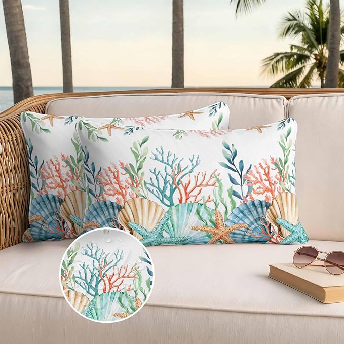 Lumbar Pillow Covers 20x12 Inch Set of 2, Marine Life Waterproof Outdoor Pillow Covers, Nautical Underwater Coral Shell Starfish Watercolor Decorative Cushion Pillowcases for Couch, Sofa, Bed, Patio