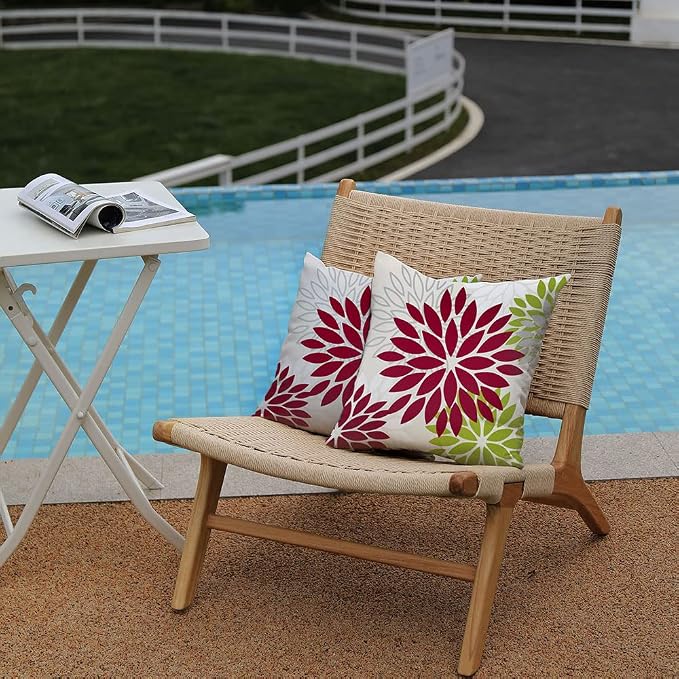 DFXSZ Outdoor Waterproof Pillow Covers 18x18 Set of 2 Wine Red Green Flower | Spring Summer Waterproof Flower Throw Pillowcases（No Inserts）Outdoor Decor for Patio Funiture Garden Polyester Covers