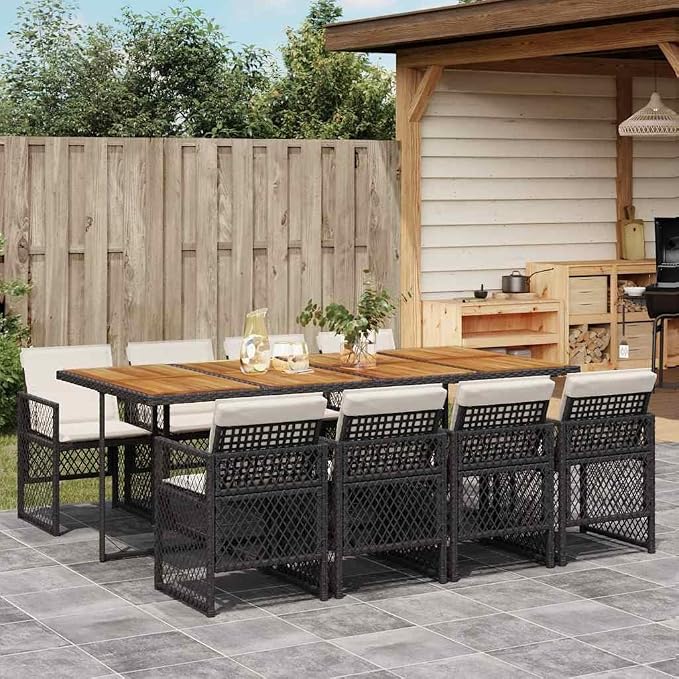 9-Piece Garden Dining Set, Black PE Rattan Outdoor Patio Furniture with Large Foldable Table and 8 Chairs, Modern Wicker Dining Set for Backyard and Terrace, 86.6" L