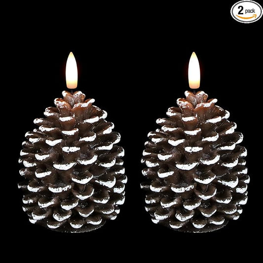 Wondise Flameless Candles with Timer, Battery Operated Flickering 3D Wick Real Wax Pine Cone Candles for Christmas Indoor Decoration, Set of 2(D3.5 x H6 Inch)