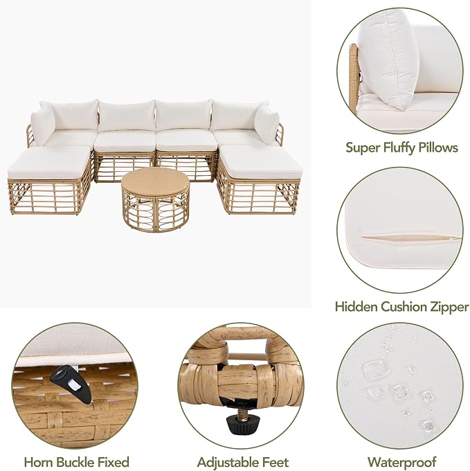 7 Pieces Outdoor Patio Furniture Set, All-Weather Rattan Sectional Sofa Set with Thick Cushions and Pillows, Round Coffee Table, Freely Combined Conversation Sets for Garden, Backyard (Beige * 104)