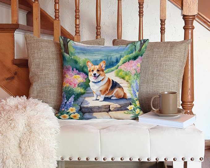 Caroline's Treasures Corgi Spring Path Throw Pillow Machine Washable, Indoor Outdoor Decorative Pillow for Couch, Bed or Patio, 14Hx14W