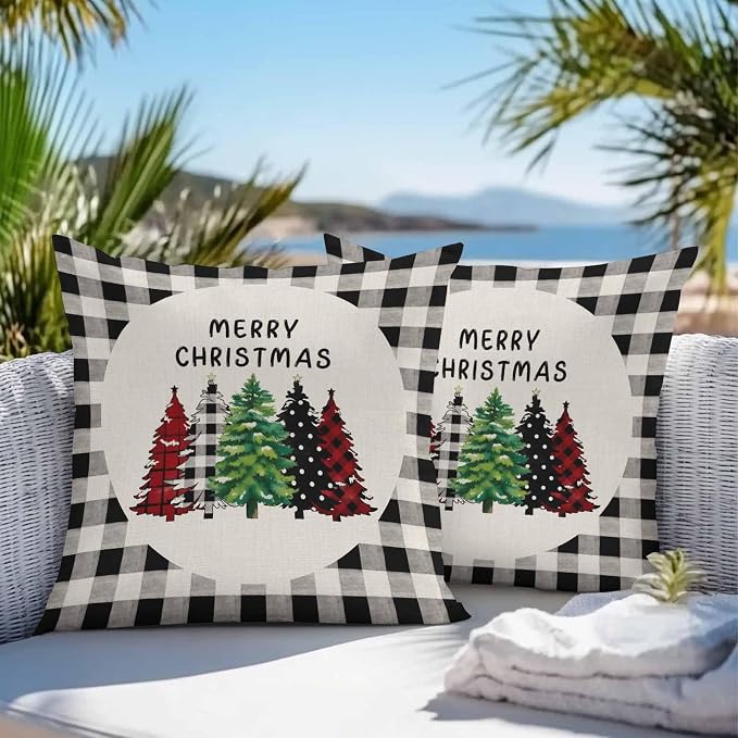 YOKOU Outdoor Throw Pillow Covers, Merry Christmas Tree Geometric Xmas Trees Watercolor Black Plaid Waterproof Pillowcases Cushion Covers Cases for Patio Couch Bench, Pack of 2 Square, 20"X20"