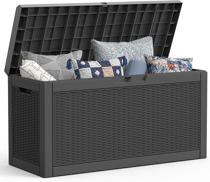 Mars Villa 60 Gallon Deck Box with Seat, Resin Outdoor Storage Box Waterproof, Lockable Lid, Weatherproof and UV Resistant, for Patio Furniture Cushions, Pool Supplies, Garden Tools, Black
