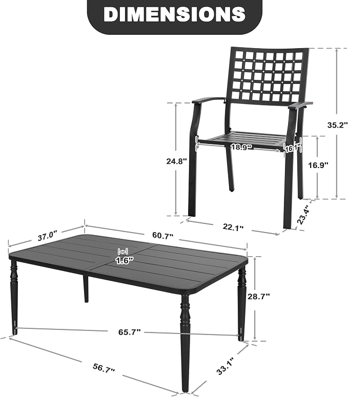 NUU GARDEN 7-Piece Outdoor Metal Furniture Set, Outdoor Dining Set of 6, Patio Dining Table with Umbrella Hole and Powder Coating, 6 Stackable Chairs for Backyard, Deck, Garden and Yard, Black