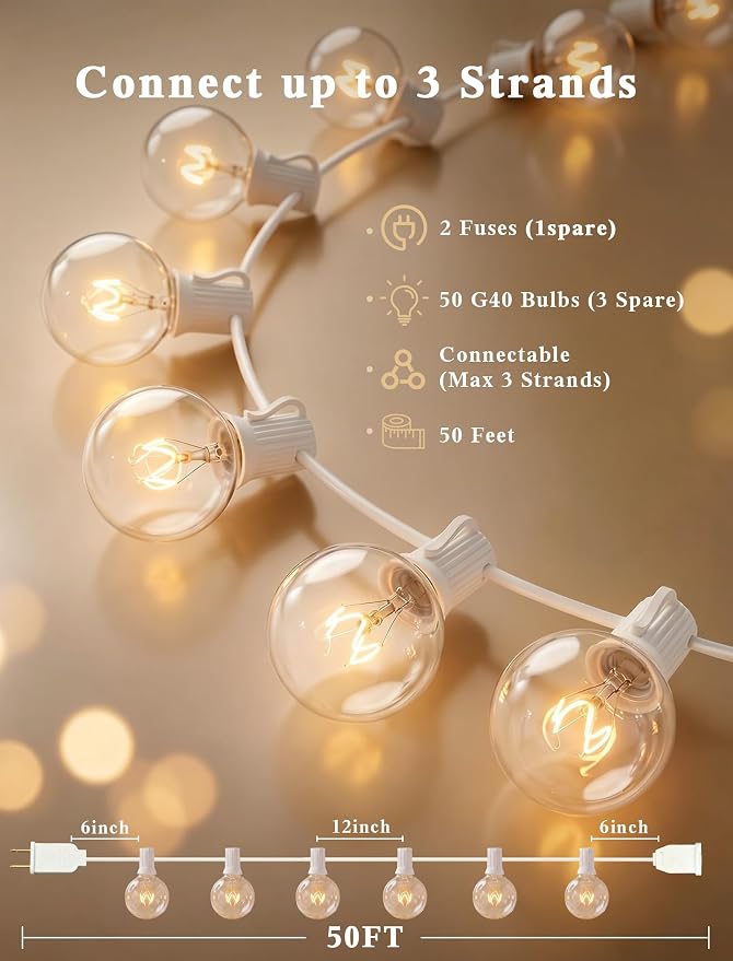 Abeja 50Ft Outdoor Patio String Lights with 53 Clear Globe G40 Bulbs | Hanging Backyard Deck String Light for Patio Porch Bistro Gazebos Pergolas Balcony Wedding Gathering Parties Decor, White