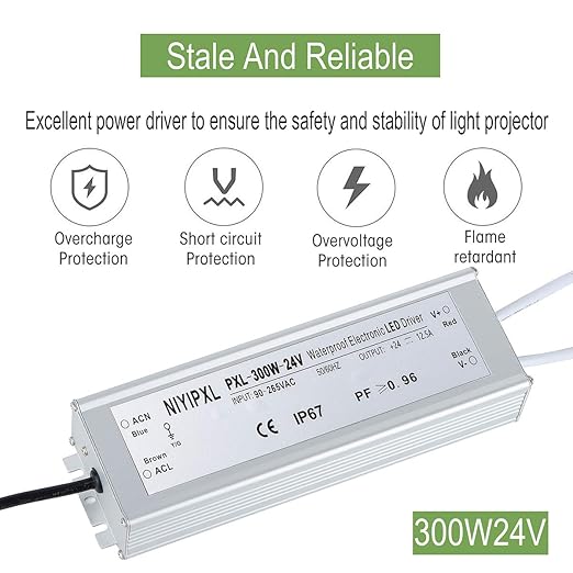 LED Driver 300 Watts(150W X2) 24V DC Transformer， Waterproof IP67 Power Supply, 24V DC Low Voltage Output Adapter with 3-Prong Plug 3.3 Feet Cable for LED Light, Computer Project, Outdoor Light