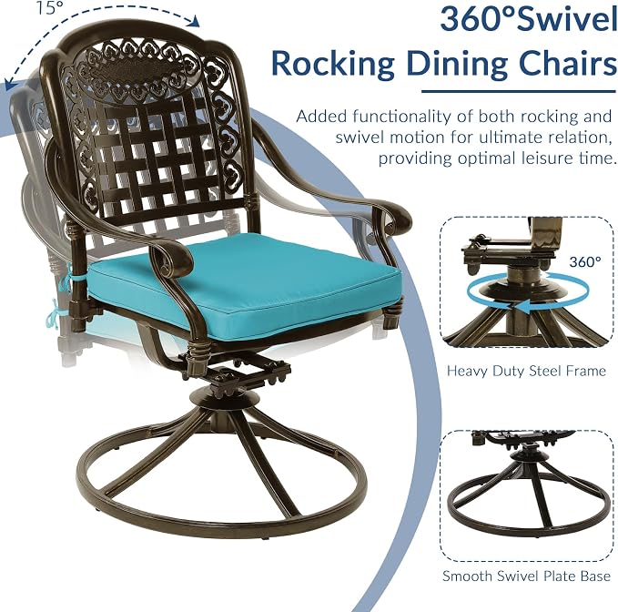 9-Piece Patio Cast Aluminum Dining Set, Outdoor Table and Chairs Set for 8, Includes 94.5" Rectangular Dining Table and 8 Swivel Rocker Chairs W/Umbrella Hole for Lawn Garden, Ocean Blue