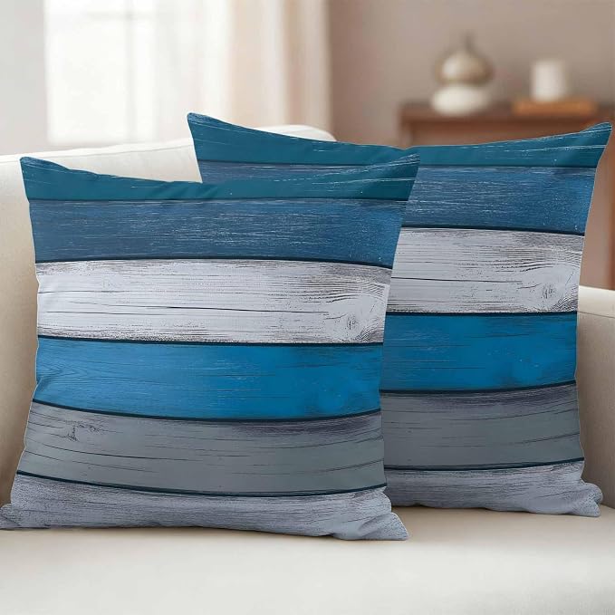 Coastal Style Outdoor Waterproof Throw Pillow Covers Set of 2, 20"x20", Retro Blue Grey Stripes Wood Texture Decorative Pillow Covers Outside Cushion Case for Patio Porch Garden