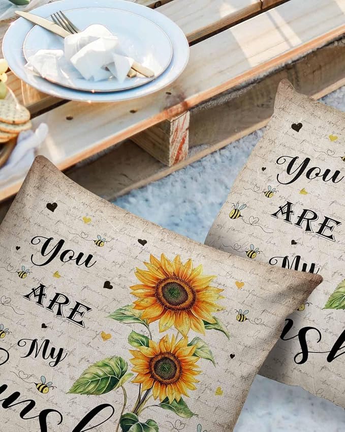 Sunflower Outdoor Waterproof Throw Pillow Covers 18"x18" Set of 2, Sunflower Bee Old Newspaper Background Decorative Garden Pillowcase with Zipper Retro Farmhouse Cushion Case for Patio Couch Tent