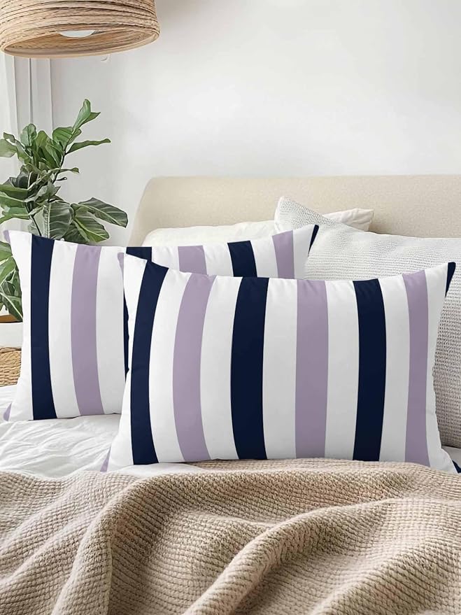 Outdoor Pillows Waterproof, Purple Navy Blue Striped Bedding Throw Pillows with Insert for Couch Sofa Bed, Farmhouse Stripe Art 12x20 Inch Pillowcases Decorative Camping Patio Pillow Set of 2