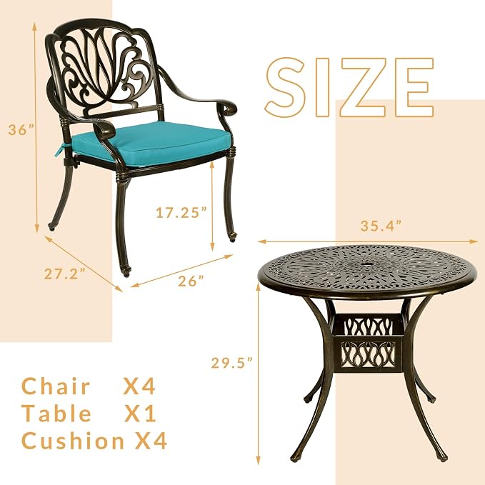 5-Piece Outdoor Patio Dining Set, All-Weather Cast Aluminum Patio Furniture Set for Backyard Garden Deck with 4 Chairs, 4 Cushions and 35.4" Round Table, 2" Umbrella Hole, Blue