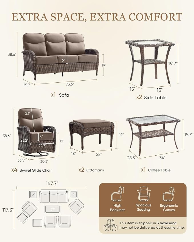 Belord Upgraded 6“ Cushion Luxury 10 Piece Patio Furniture Set - All Weather Wicker Outdoor Furniture with Swivel Rocker Patio Chairs, High Back Conversation Set for Deck Yard Porch - Brown/Grey