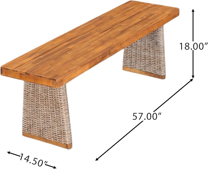 Merax 2-Piece Outdoor Dining Set Acacia Wood, 1 Table + 1 Bench, Slatted Design Tabletop & Woven Rattan Legs, Weather-Resistant Rectangle Patio Dining Set, Brown