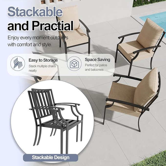 7 Piece Outdoor Dining Set for 6, Metal Patio Table and Chairs with Cushions, Patio Furniture Set with 6 Stackable Chairs, Rectangular Metal Dining Table with Umbrella Hole, Lawn Deck Yard-Sand