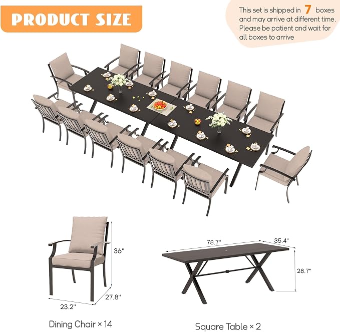 16-Piece Patio Dining Set Outdoor Conversation Set, Metal Outdoor Furniture Set with 2 Umbrella Hole Cut-Out Tables and 14 Metal Backrest Chairs for Backyard, Garden, Sand