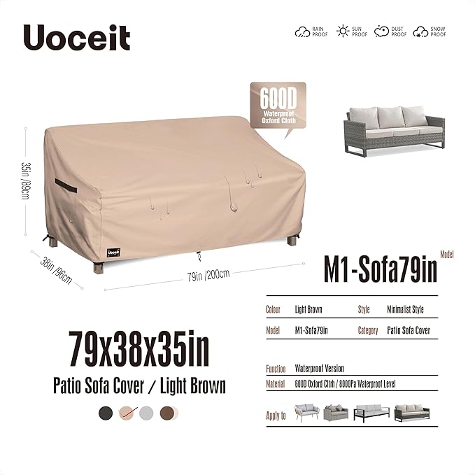 3-Seater Outdoor Couch Cover, 79Wx38Dx35H inches Outdoor Furniture Covers Waterproof，100% Waterproof Heavy Duty Patio Furniture Covers,Light Brown Minimalist Style Outdoor Sofa Cover.