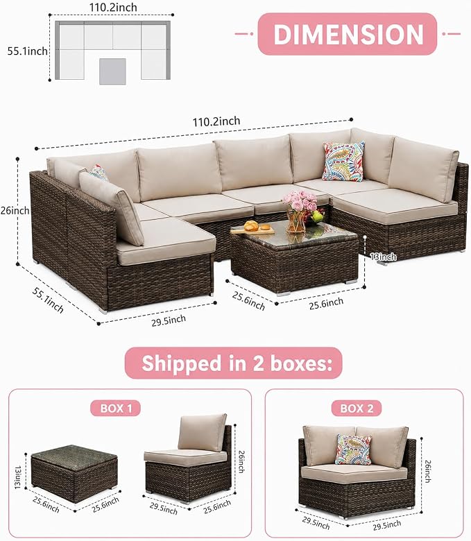 7-Piece Outdoor Patio Furniture Set - PE Wicker Sectional Sofa Set,with (Beige) Cushions and Glass-Top Coffee Table, Perfect for Gardens, Poolside, Backyard, Beige/Brown
