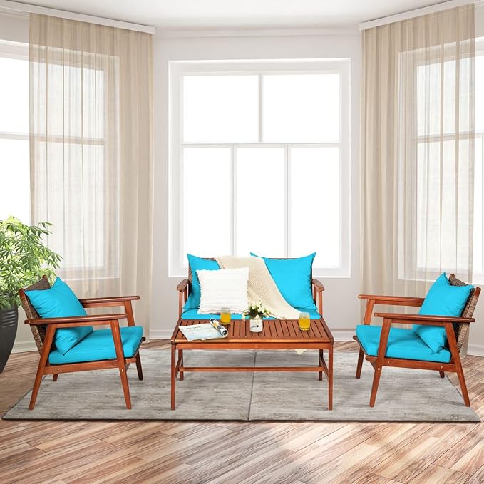 Tangkula 4 PCS Patio Wood Sofa Set, Outdoor Acacia Wood Seating Chat Set with Cushions & Coffee Table, Sectional Conversation Sofa Set for Garden, Backyard, Poolside (1, Turquoise)