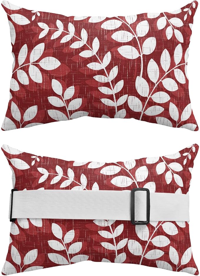 Outdoor Lumbar Pillow Set of 1, Burgundy Leaves Waterproof Beach Headrest Pillow with Inserts, Farmhouse Botanical Branch Vintage Modern Recliner Throw Pillows for Patio Furniture, 12 x 20