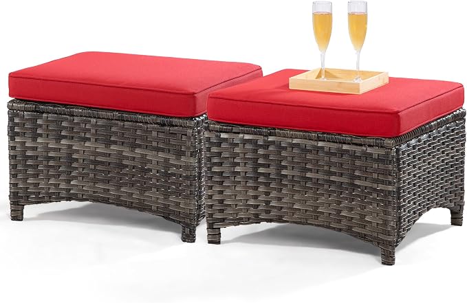 Wicker Patio Furniture Sets 7 Piece Set with One 3-Seat Sofa, 4 WIkcer Chairs, 2 Ottomans, Wicker Outdoor Furniture Set Patio Conversation Set, Red