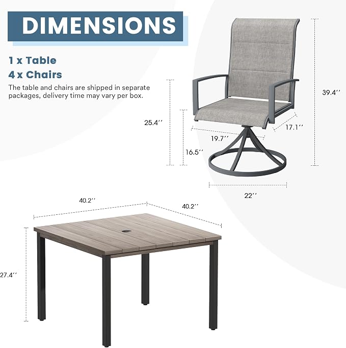 DIFY 5 Piece Outdoor Patio Dining Set for 4, 40.2" Grey Wood-Like Square Metal Dining Table and Swivel Patio Chairs with Grey Padded Textilene, All-Weather Outdoor Furniture Set for Garden Backyard