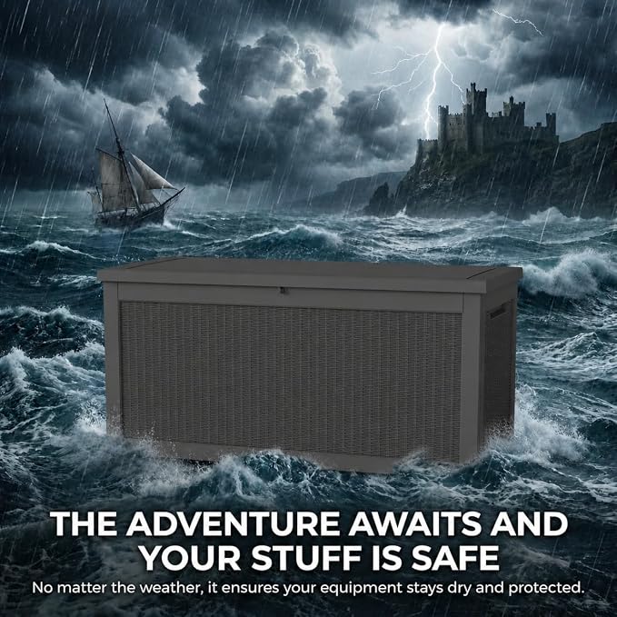 LAUSAINT HOME 260 Gallon XXXL Outdoor Deck Box, Waterproof Resin Storage Box Bench with Lock, Large Patio Cushion Storage, Garden Tool Organizer, Pool Storage Container, 3-Person Seat, Black