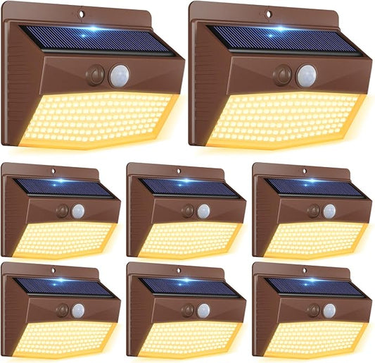 Solar Outdoor Lights, [8 Packs] Motion Sensor Security Lights with 3 Lighting Modes Wall Lights Waterproof Solar Powered Lights for Garden Yard,Brown White