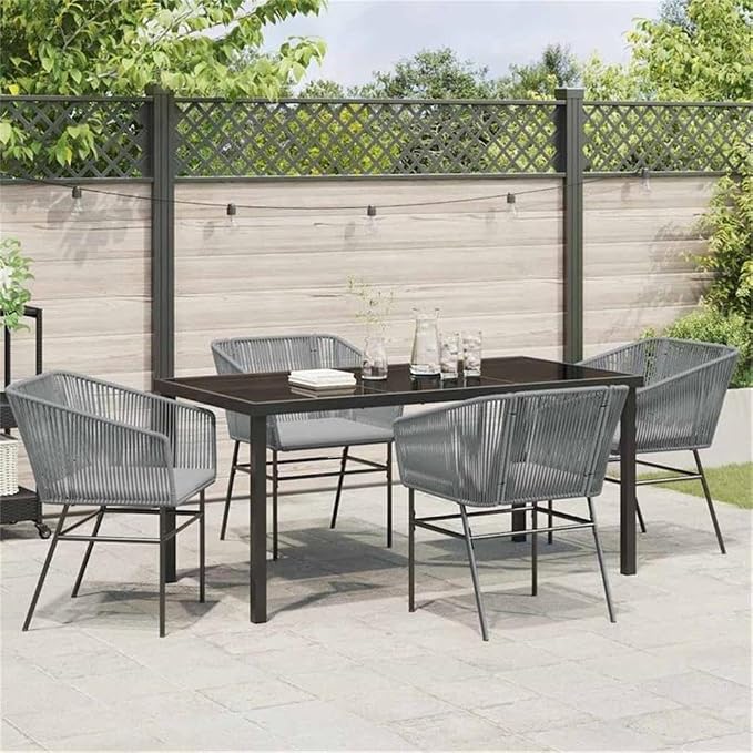 Afuera Living 5-Piece Powder-Coated Steel Patio Dining Set, Gray Finish, Includes Cushioned Chairs and Rectangular Table with Tempered Glass Top, UV-Resistant Materials, Modern Outdoor Furniture for