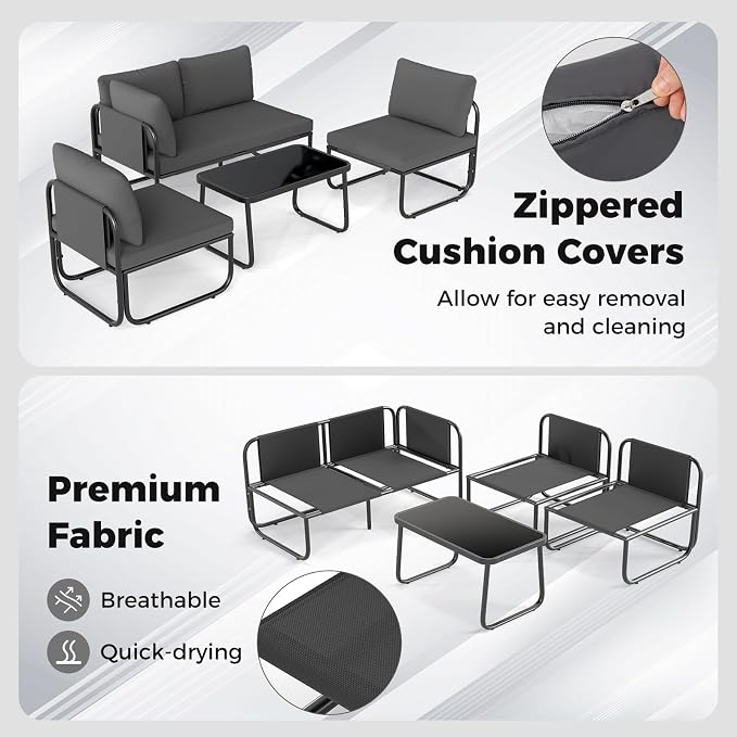 Tangkula 4 Pieces L Shaped Patio Furniture Set, Outdoor Metal Sectional Sofa Couch with Cushions and Tempered Glass Coffee Table, Outside Conversation Set for Garden, Deck and Yard (Gray,2)