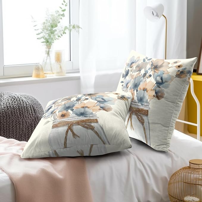 Watercolor Flower Throw Pillow Covers 16 x 16 Inches Set of 2,Cream Grey Brown Floral Poppy Mason Jar Farmhouse Decor Pillowcase Cushion Cover for Home Living Room Bed Sofa Car