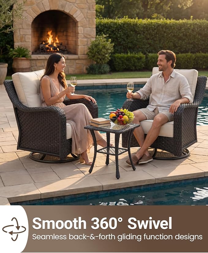 5 Pieces Outdoor Furniture Set with 6-inch Cushions, High Back Wicker Swivel Rocker Chairs with Coffee Table, Luxury Conversation Set for Deck Patio and Poolside