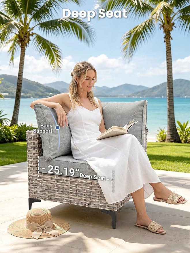 9-Piece Outdoor Patio Furniture Set with Fire Pit Table, Outdoor Conversation Wicker Sofa with Swivel Chairs, Rattan Couch with Coffee Table for Deck, Backyard, Poolside (Dark Grey)