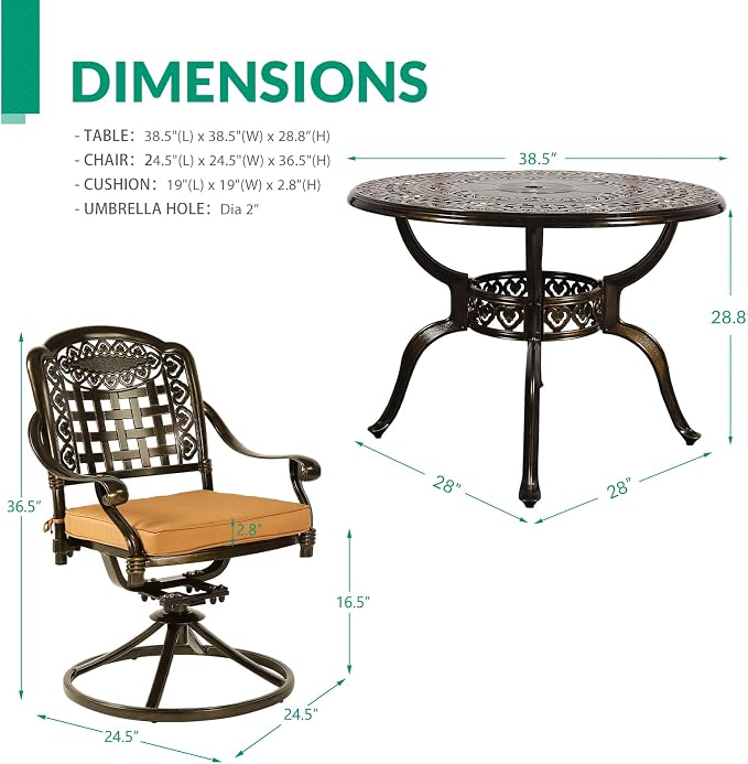 VIVIJASON 5-Piece Outdoor Patio Dining Set, All-Weather Cast Aluminum Conversation Set, Patio Furniture Set for Balcony Lawn Garden, Include 4 Swivel Chairs, a 38.5" Round Table w/Umbrella Hole